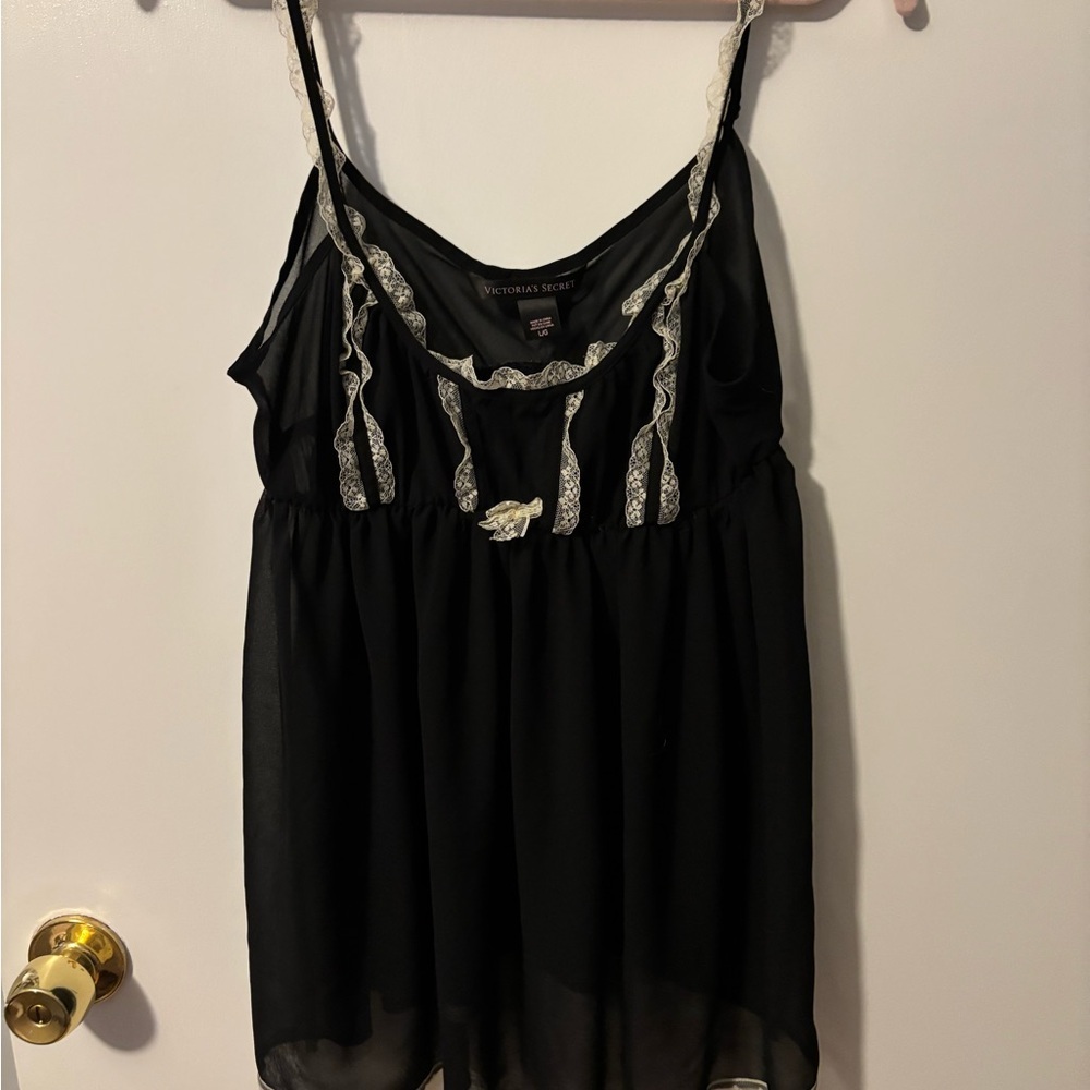 Vintage Victoria's Secret Black Lingerie with Cream Lace Trim Elegant Whimsical